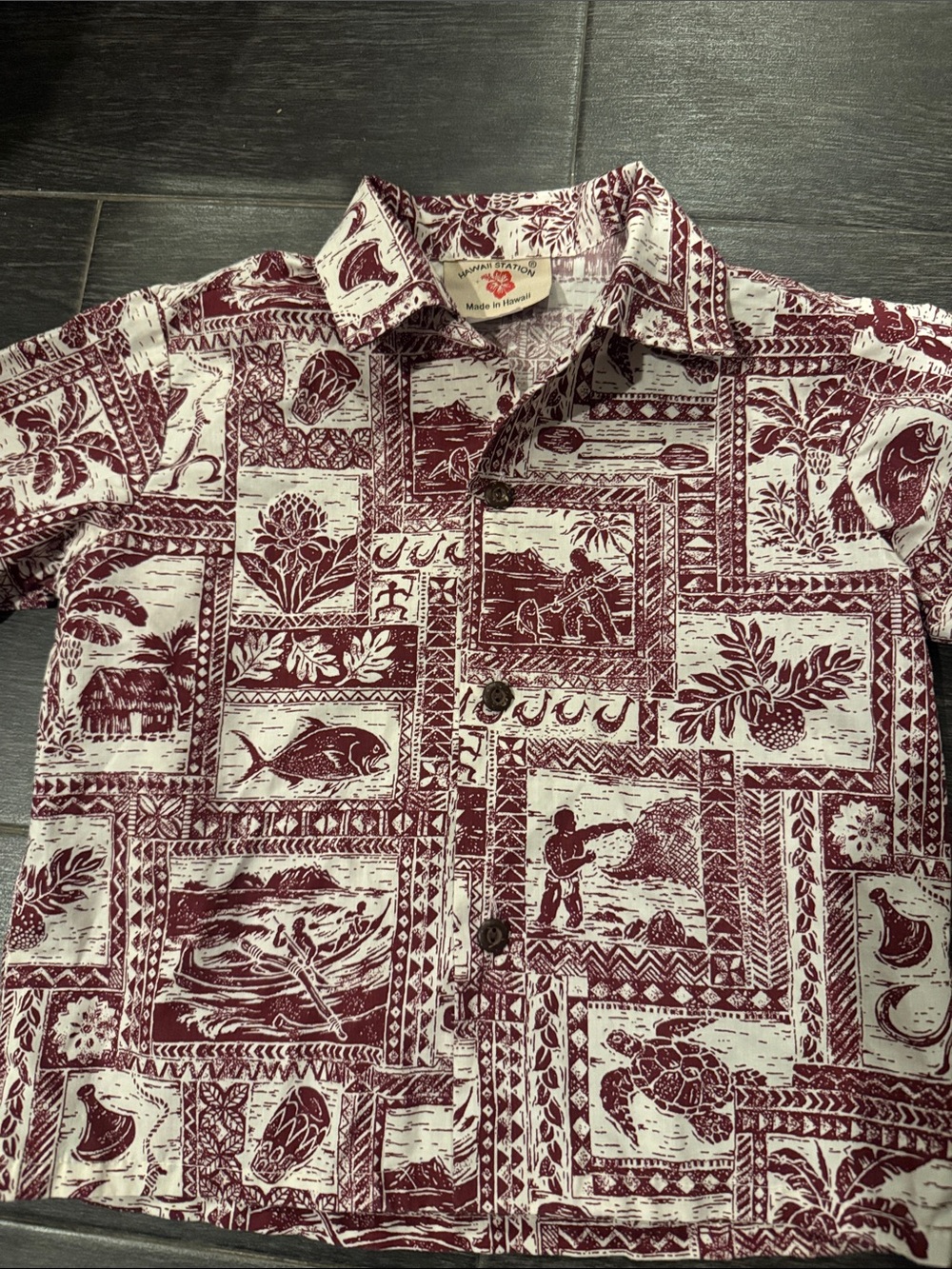Kids Hawaii Station Button-Down Shirt - Burgundy/White Print